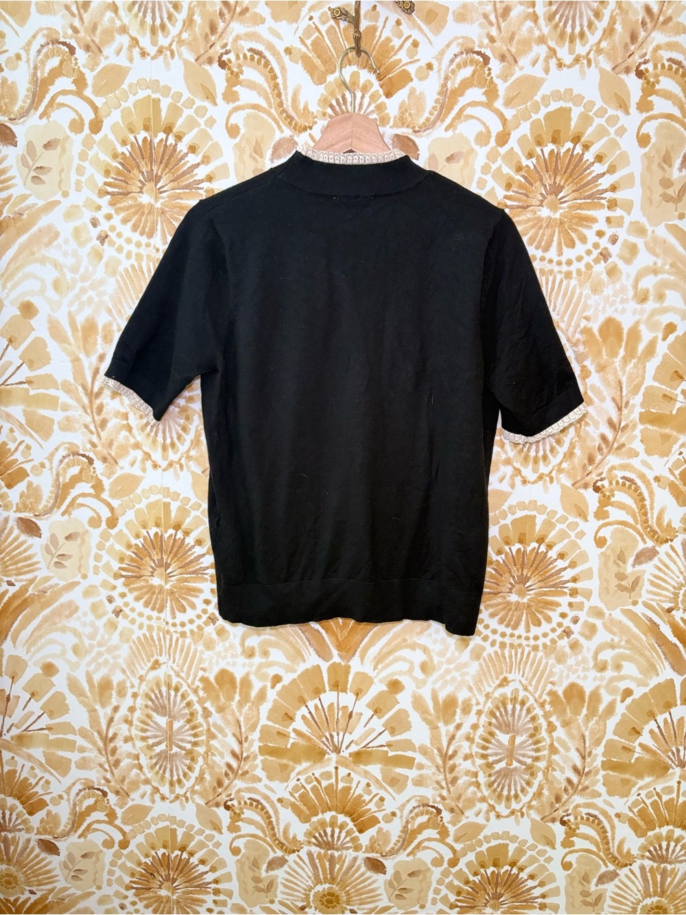 La Vila Milano Black Mock Neck Knit Sweater Top Lace Trim Short Sleeve Size M - Picture 5 of 11